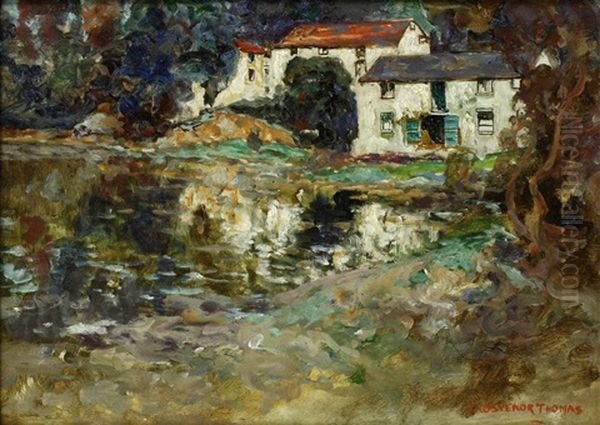 Cottages By A River Oil Painting by Grosvenor Thomas