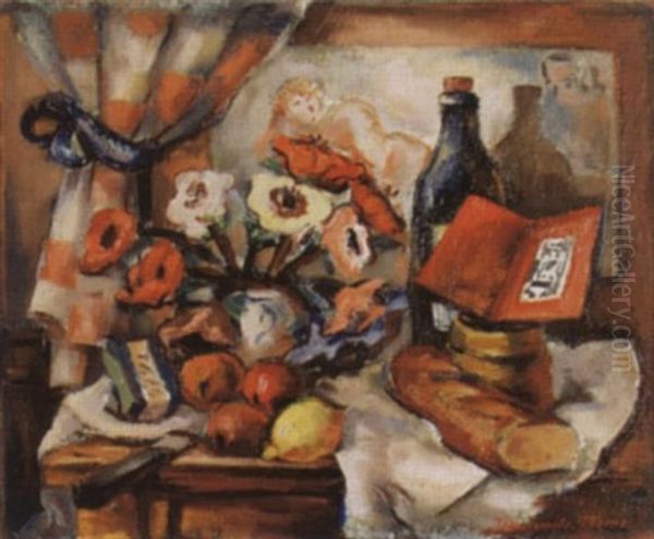 Stillleben Mit Blumen, Flasche, Brot Und Fruchten Oil Painting by Jean Francois Thomas