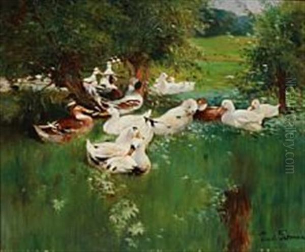 By The Duck Pond Oil Painting by Paul Thomas