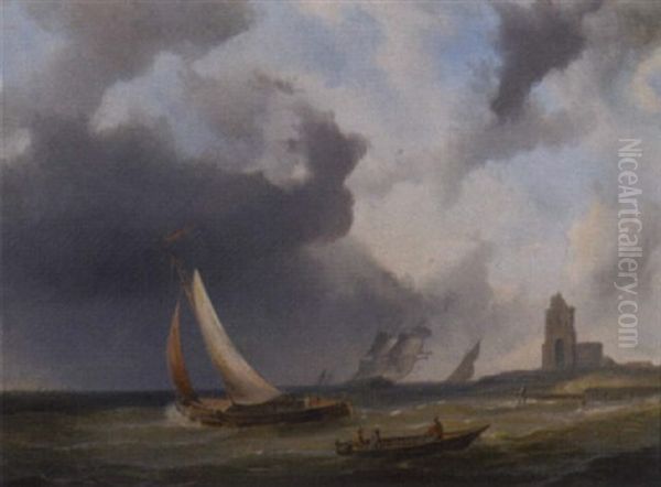 Sailing Vessels On Choppy Water By A Coast Oil Painting by Pieter Hendrik Thomas