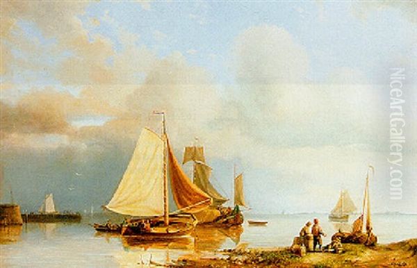 Shipping In A Calm, With Fishermen In The Foreground Oil Painting by Pieter Hendrik Thomas