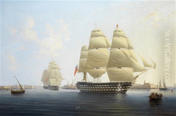 H.m.s. Queen, Flagship Of Vice Admiral Sir Edward Rich Owen, Commander-in-chief Of The Mediterranean Fleet, Leaving Malta Oil Painting by Robert Strickland Thomas