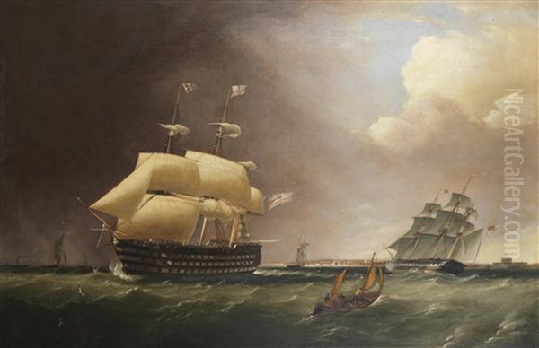 H.m.s. Nelson Outward Bound From Portsmouth, In A Heavy Swell, With A Frigate Heading Into Port Off Her Stern Oil Painting by Robert Strickland Thomas