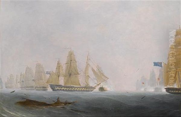 H.m.s. "caesar" And Lord Howe's Flagship H.m.s. "queen Charlotte" Engaging The French Fleet, 29th. May 1794 by Robert Strickland Thomas