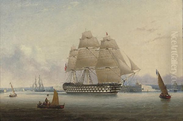 H.m.s. "britannia" Leaving Valetta To Return Home To Portsmouth Oil Painting by Robert Strickland Thomas