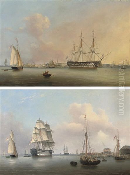 H.m.s. "trafalgar" (+ H.m.s. "queen" Lying Off The Royal Dockyard At Sheerness; Pair) Oil Painting by Robert Strickland Thomas