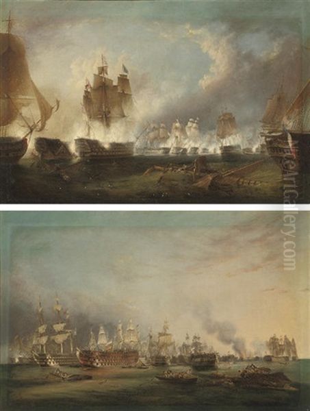 The British Fleet In Action At Trafalgar, With Nelson's "victory" Heavily Engaged (+ After The Close Of The Action; Pair) Oil Painting by Robert Strickland Thomas