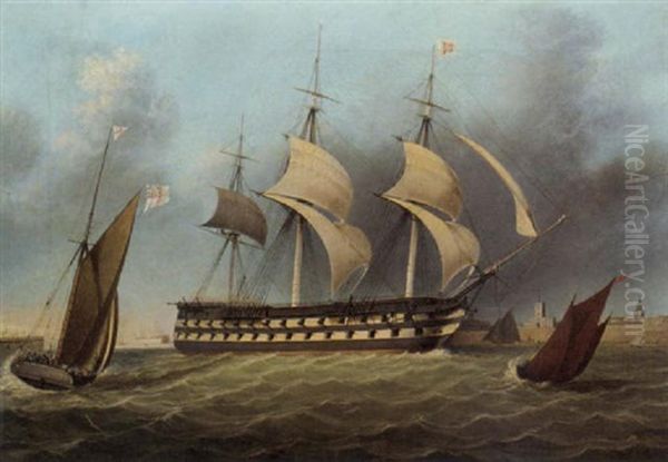 A Two-decker Running Out Of The Harbour At Portsmouth In A Stiff Breeze Oil Painting by Robert Strickland Thomas