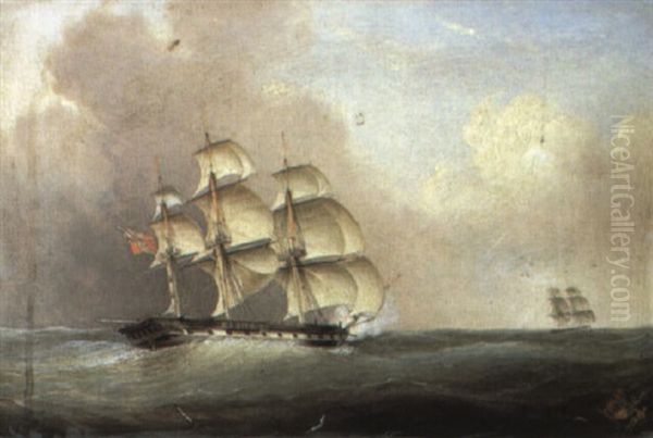 A British Frigate In Heavy Seas Oil Painting by Robert Strickland Thomas