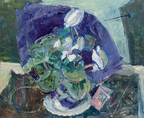 Christmas Cyclamen Oil Painting by Margaret Thomas