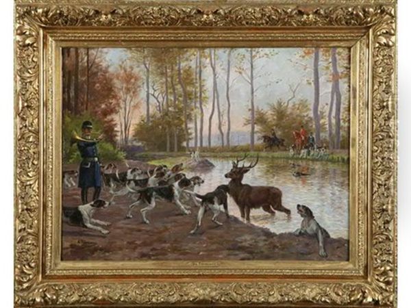 Equipage Du Duc De Chartres, Bat L'eau De Cerf Dans Le Canal Du Chateau De Chantilly Oil Painting by Adolphe Thomasse