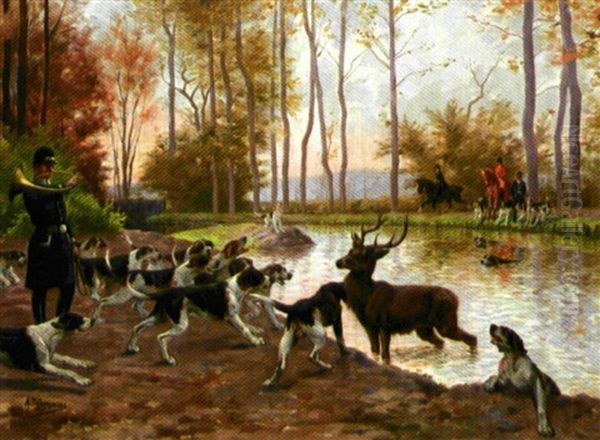 Equipage Du Duc De Chartres, Bat L'eau De Cerf Dans Le Canal Du Chateau De Chantilly Oil Painting by Adolphe Thomasse