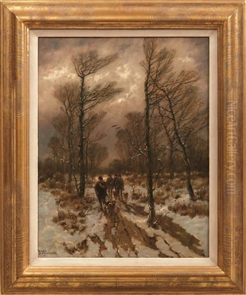 Jager Mit Ihren Hunden Im Winterwald Oil Painting by Desire Thomassin