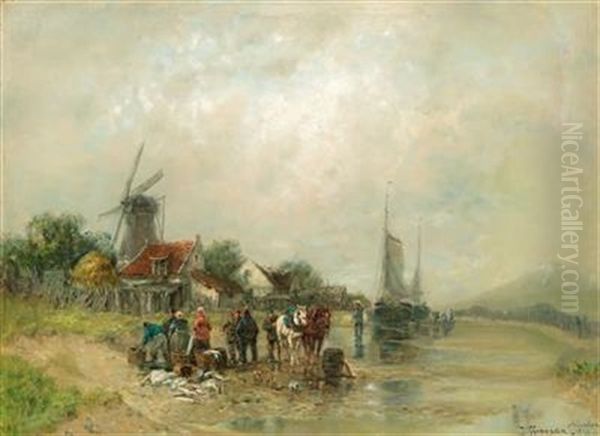 Fishermen On The Riverbank With A Good Catch Oil Painting by Desire Thomassin