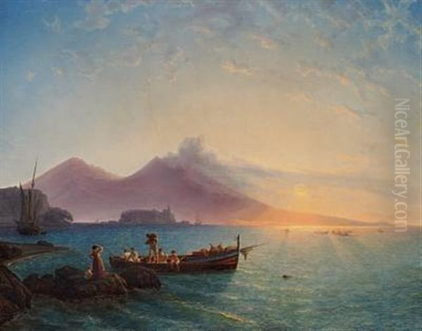 The Bay Of Naples With Fishermen Carrying The Catch Of The Day Ashore Oil Painting by Christian Frederik Ferdinand Thoming