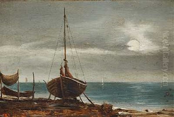 Sejlskibe I Middelhavet (+ Maneskin Over Kystparti; 2 Works) Oil Painting by Christian Frederik Ferdinand Thoming