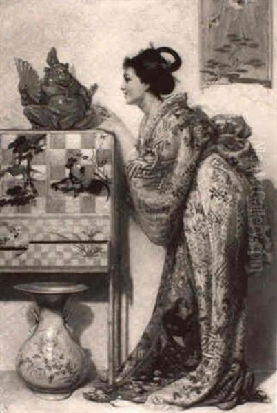 An Occidental Lady As A Japanese Courtesan Within A         Japanese Decor Admiring A Jade Figurine Oil Painting by Alfred Thompson