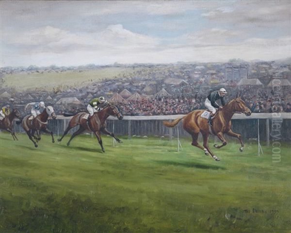 Lord Derby's Hyperion Winning The Derby In 1933 Oil Painting by Algernon Alfred Cankerien Thompson