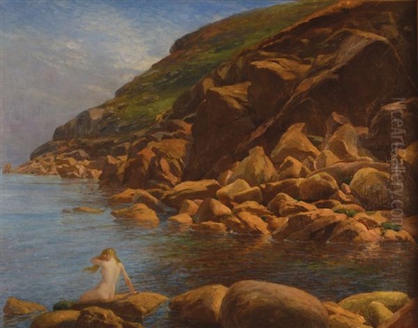 A Nude Bather On The Rocks At Penberth , Cornwall Oil Painting by Charles H. Thompson