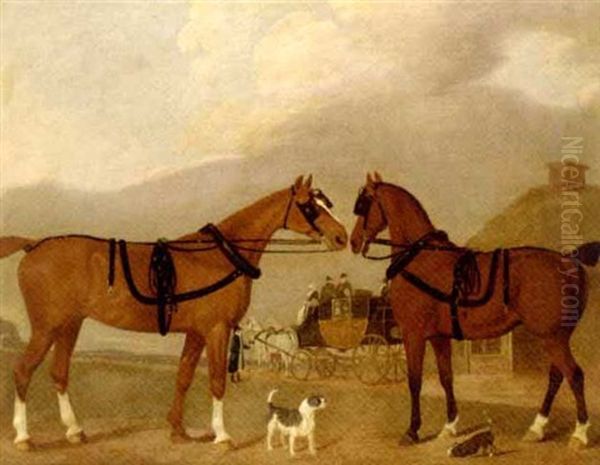 Two Carriage Horses In Harness, With Terriers And A Horsedrawn Carriage By A Cottage Oil Painting by Clifton Thompson