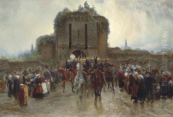 To The Front: French Cavalry Leaving A Breton City On The Declaration Of War Oil Painting by Elizabeth Southerden (Lady Butler) Thompson