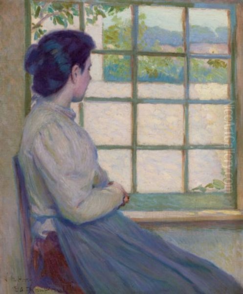 Woman Looking Out A Window (portrait Of A.m. Hooey) Oil Painting by George Albert Thompson