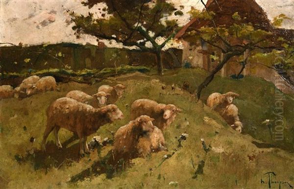 Sheep On The Hillside Oil Painting by Harry Thompson