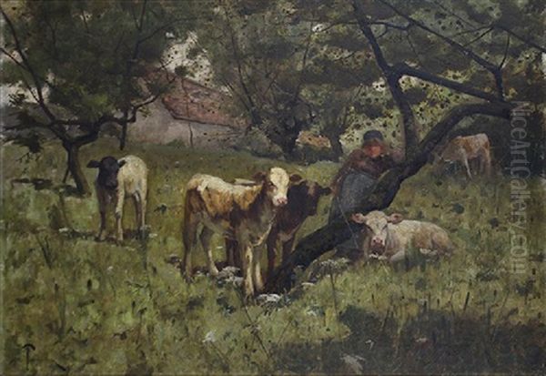 Cows And Figure Under The Trees Oil Painting by Harry Ives Thompson