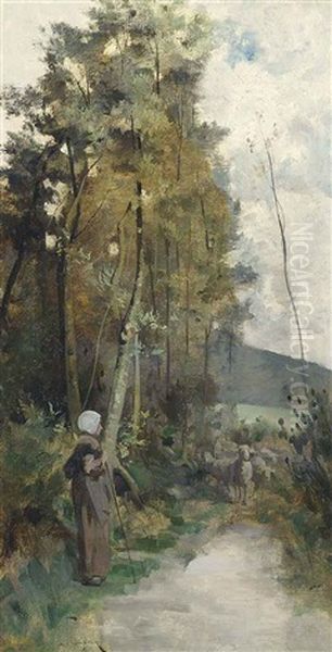 A Shepherdess And Her Sheep On A Country Road Oil Painting by Harry Ives Thompson