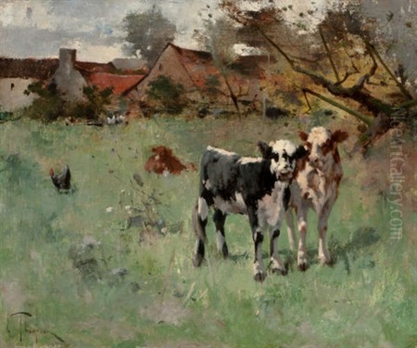 Two Cows In A Pasture Oil Painting by Harry Ives Thompson