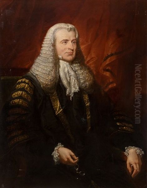 Portrait Of Lord Langdale, Wearing Judge's Robes, Three-quarter Length, Seated, Holdi Oil Painting by Jacob Thompson