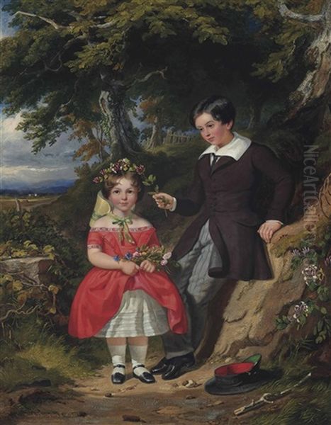 The Children Of John Harvey Esq., Gathering Wild Flowers Oil Painting by Jacob Thompson