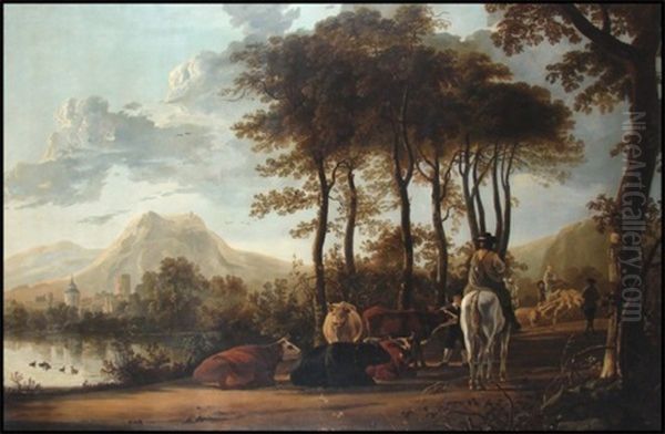 River Landscape With Horsemen And Peasants (after Aelbert Cuyp) Oil Painting by Jacob Thompson