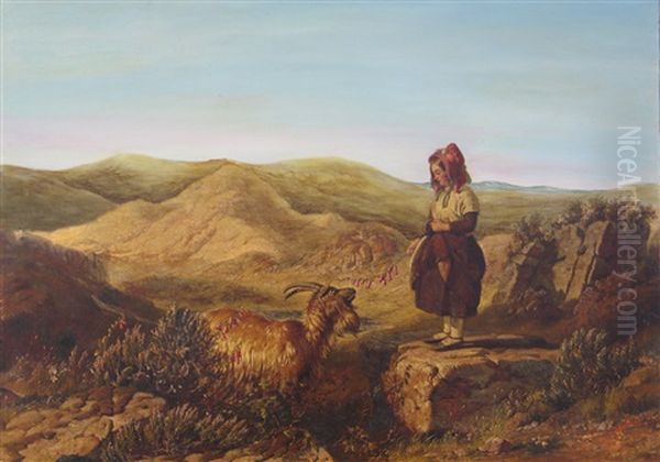 A Young Girl Standing On A Rock Looking At A Goat, In A Mountainous Landscape Oil Painting by Jacob Thompson