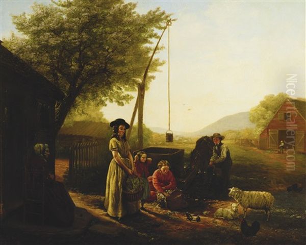 Spring Morning By The Kitchen Door (preparing For Market) Oil Painting by Jerome B. Thompson