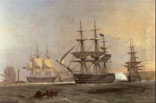 A British Naval Squadron Coming To Anchor In Plymouth Sound Oil Painting by Mark Thompson