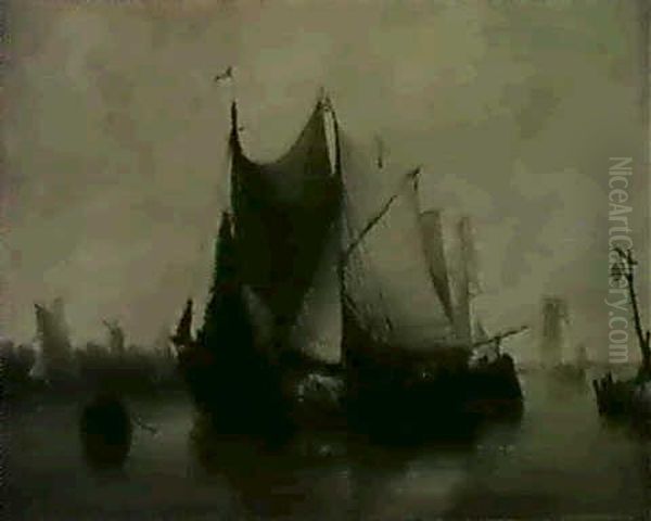 Dutch Boats In A Calm Oil Painting by Mark Thompson