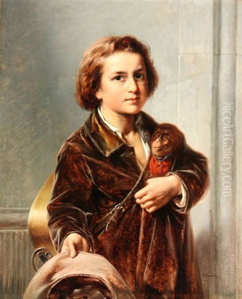 Young Boy With Monkey Oil Painting by August Carl Vilhelm Thomsen