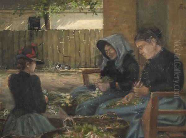 Farm Exterior With Three Woman Bunching Vegestables Oil Painting by Carl Thomsen