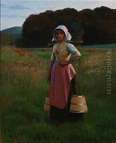 A Peasant Girl Carrying Milk Buckets Oil Painting by Carl Thomsen