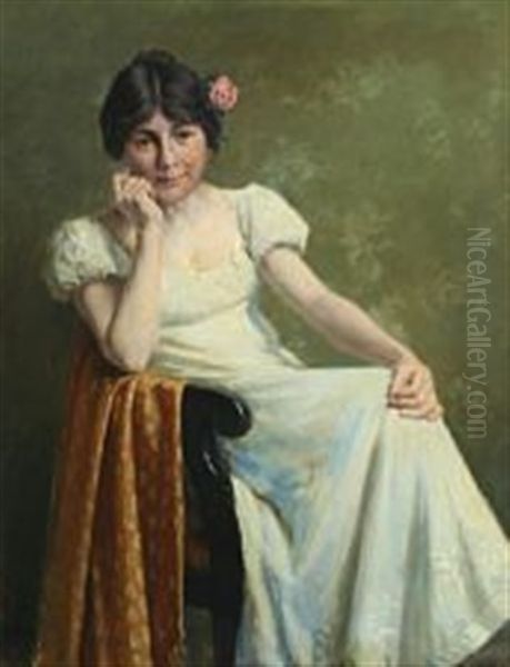 Portrait Of A Seated Woman Clad In White Oil Painting by Carl Thomsen