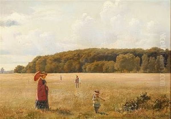 Summer Day With A Family Gathering Flowers In A Field Oil Painting by Carl Thomsen