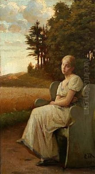 Landscape With Thoughtful Young Woman On A Bench Oil Painting by Carl Thomsen