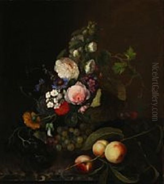 Still Life With Colourful Flowers And Peaches Oil Painting by Emma Augusta Thomsen