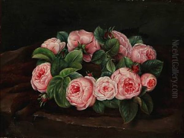 A Wreath Of Pink Roses On A Table Oil Painting by Emma Augusta Thomsen