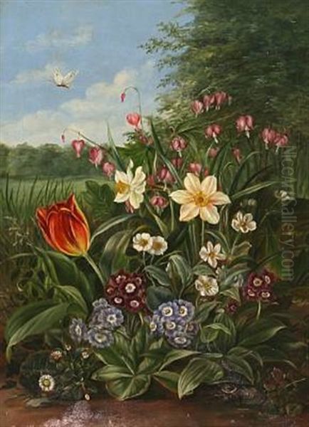 Tulips, Bleeding Hearts And Primrose Oil Painting by Emma Augusta Thomsen