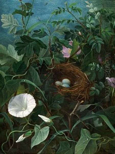 A Bird's Nest Hidden Between Bindweed And Roses Oil Painting by Emma Augusta Thomsen