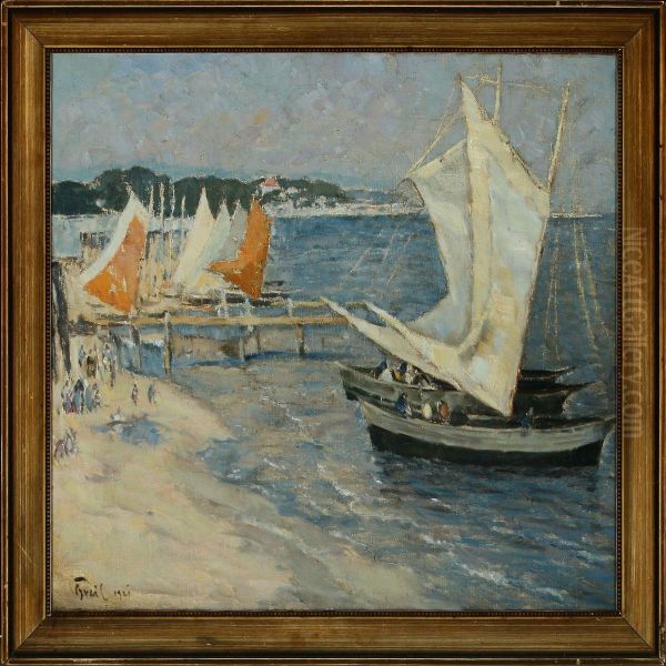 Sailing Ships By The Seashore Oil Painting by Bruno Breil