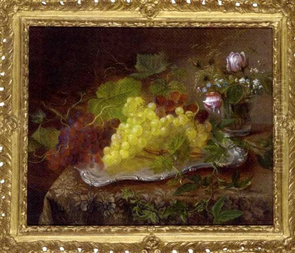 Grapes On A Silver Platter With Summer Flowers In A Glass Alongside Oil Painting by Emma Augusta Thomsen