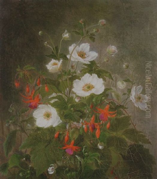 Fuchsiaer Og Hostanemoner Oil Painting by Emma Augusta Thomsen